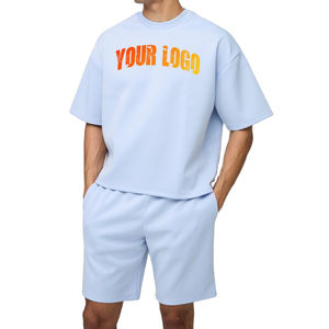 Conjunto de Camiseta y Pantalones Cortos Extra Grandes para Hombre, Estilo Vintage Informal, Transpirable, 100% Algodón, con Logotipo Personalizado, Estampado por Transferencia de Calor, Traje Deportivo de Verano - Product Image 1