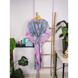 Vestido Kaftan Estilo Boho, Estampado a Mano, Color Rosa Metálico y Gris, Teñido Anudado, Tela de Algodón Ligera y Transpirable, Traje de Baño - Product Image 6