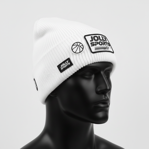 Gorro de punto acrílico premium para hombre, cálido, de punto acanalado, en blanco y negro, con parche de goma personalizado con logotipo, diseño termoadhesivo, gorro jacquard. - Product Image 5