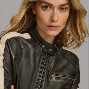 Chaqueta de piel de cordero de piel de oveja auténtica a la moda, chaquetas de motorista de alta calidad de estilo motorista a rayas laterales de cuero personalizado para Invierno para mujer - Product Image 5