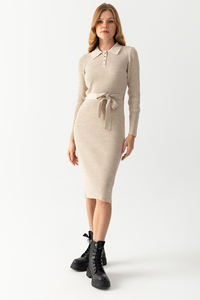 Elegante y cómodo vestido de pana informal para mujer, cuello Polo, mangas de punto, características, patrón de cintura Natural, decoración - Product Image 2