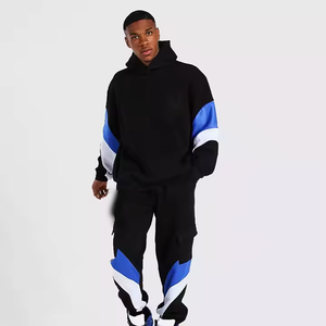 Ensemble de survêtement pour homme, pull à capuche noir, bleu et blanc, manches longues, coupe ample, style streetwear, avec poches latérales et cordon de serrage - Product Image 1