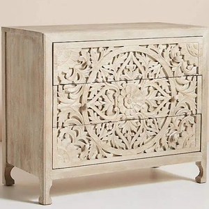 Commode moderne antique en bois massif faite à la main avec motif de fleurs sculptées 3 tiroirs pour salon, bureau, école ou bar - Product Image 1