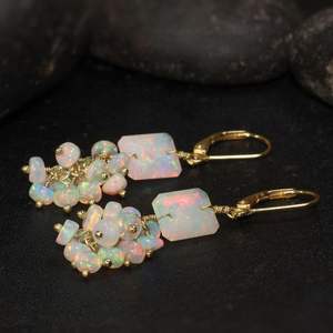 Ethiopian Multifire White Fire Opal Beaded Earrings Natural Fire Opal Dangle Handmade 925 Sterling Silver Gold <b>Anniversary</b> Gift - Product Image 4