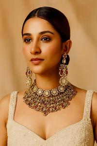 Chất lượng cao đầy đủ cổ tuyên bố Vòng cổ đặt alongwith bông tai với <span class=keywords><strong>kundan</strong></span> chi tiết và thiết lập quảng cáo với giá bán buôn - Product Image 2