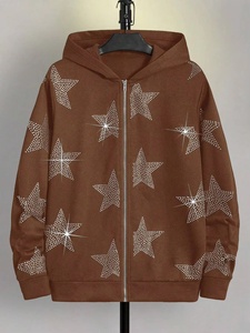 Sweat-shirt unisexe à capuche marron zippé en polaire avec imprimé étoile en strass, coupe décontractée, vêtement d'hiver, service OEM - Product Image 2