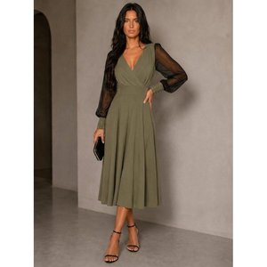 Robe midi en viscose pour femme à manches longues, col enroulé, détail manches en tulle et embellissements en perles, 37459 - Kaki - Product Image 3