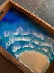 Cadeaux promotionnels en gros Table à thé et café personnalisée Plateau de service Plateau en bois de résine de couleur bleue Grand plateau de service avec poignée - Product Image 6