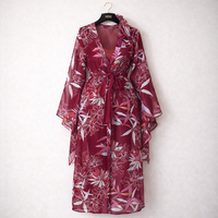 Kaftan maxi floral intemporel en mousseline de soie, manches évasées, imprimé, avec liens, pour les occasions décontractées, les fêtes, la détente, à enrouler, coupe droite