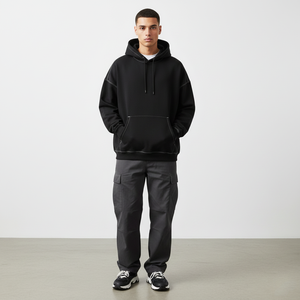 New Design Fashion <b>Black</b> Regular Fit Men's 100% Cotton 360 GSM Heavyweight Winter <b>Plain</b> Dyed Pullover <b>Hoodie</b> White Stitching - Product Image 5