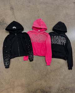 OEM Sweats à capuche sérigraphiés personnalisés à fermeture éclair épaisse 100% sweat à capuche en coton Streetwear personnalisé Sweat à capuche zippé avec strass - Product Image 2