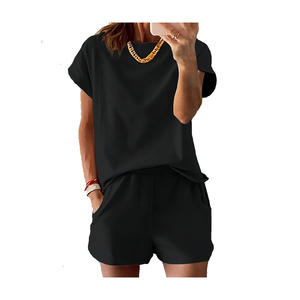 Conjuntos de verano para mujer, ropa informal impermeable transpirable sólida, camiseta de manga corta y pantalones cortos, conjunto de 2 piezas de poliéster/algodón - Product Image 3