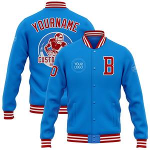 Veste universitaire personnalisée vintage à boutons-pression pour homme en bleu poudré rouge-blanc Bomber coupe-vent Streetwear pour l'hiver - Product Image 1