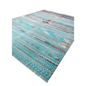 Tapis en laine et soie de bambou noué à la main à motif géométrique bleu Freedom Manchaha pour la décoration de la maison et du salon - Les-8322 - Product Image 2