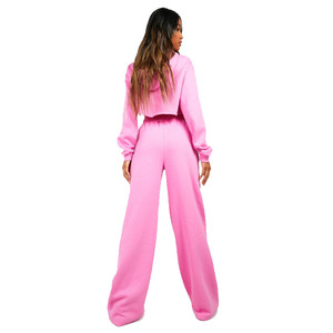 Comfortable Custom Made Women Pink Thick Cotton Pink Wide Leg <b>Flared</b> Trousers With Elastic <b>Waist</b> for Sale in <b>Low</b> MOQ - Product Image 2