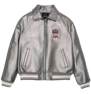 Men's High Quality Winter Jacket Best Selling Silver Color <b>Stand</b> Collar Leather Avirex Jacket - Product Image 1