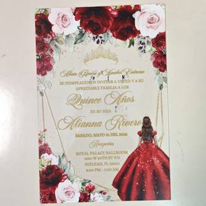 Carte d'invitation de mariage transparente en PVC de 1 mm, impression UV <span class=keywords><strong>rouge</strong></span> princesse florale et or, invitations Quinceanera, Sweet 16, 15 ans - Product Image 4