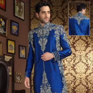 2024 Royal Blue Sherwani Stunning Gold Zari Embroidery Plus XL Groom Matched <b>Pant</b> Crystal Glass Bead Embellished Shoes Parties - Product Image 1