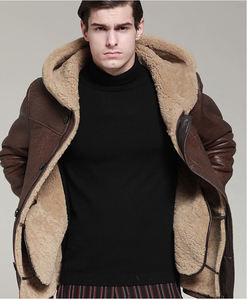 Men <b>Hooded</b> Flying Pilot Bomber B3 Shearling Leather <b>Jacket</b> warm Filling Winter <b>Fur</b> Casual Streetwear Coat Sheepskin <b>Jacket</b> OEM - Product Image 5
