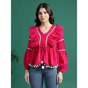 Hauts à volants pour femmes, col en V rose, style vintage, en popeline brodée, tricotés, tailles XS à XL, pour le printemps et l'automne - Product Image 2