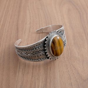 Brazalete de ojo de tigre de Plata de Ley 925, piedra preciosa de boda Bohemia, Kada para ella, brazalete bohemio de moda amarillo, regalo - Product Image 2