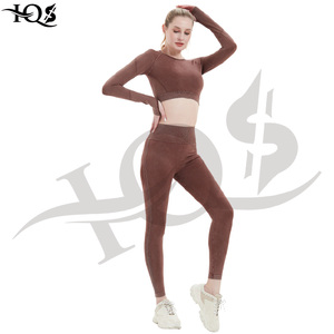 Conjunto de mallas de Yoga de manga larga ecológicas para mujer, transpirable, ligero, de alta textura, bordado frontal acanalado, conjunto sólido de 2 piezas - Product Image 2