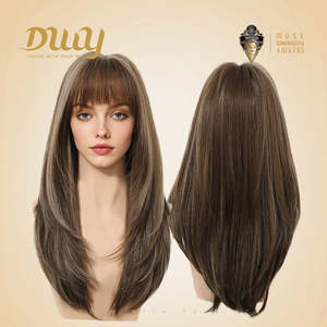 DWY NEWIN Tina Long-Length Glueless Synthetic <b>Wig</b> Layer-Cut Straight with Air Bangs Linen Brown with Light Brown Lace Highlights - Product Image 3