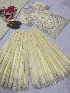 Elegante vestido Sharara de estilo pakistaní para mujer, traje étnico festivo con bordado rico y acabado satinado - Product Image 3