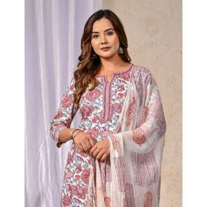 ชุดคุรตะผ้าฝ้ายสีขาวพร้อมกางเกงขายาว แขนสามส่วน ลายพิมพ์บล็อก เหมาะสำหรับใส่ในชีวิตประจำวัน - Product Image 1