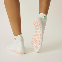 Chaussettes courtes antidérapantes en jacquard brodé floral avec détail de revers, pour femme, en coton/nylon/élasthanne tricoté, idéales pour le Pilates en intérieur, séchage rapide