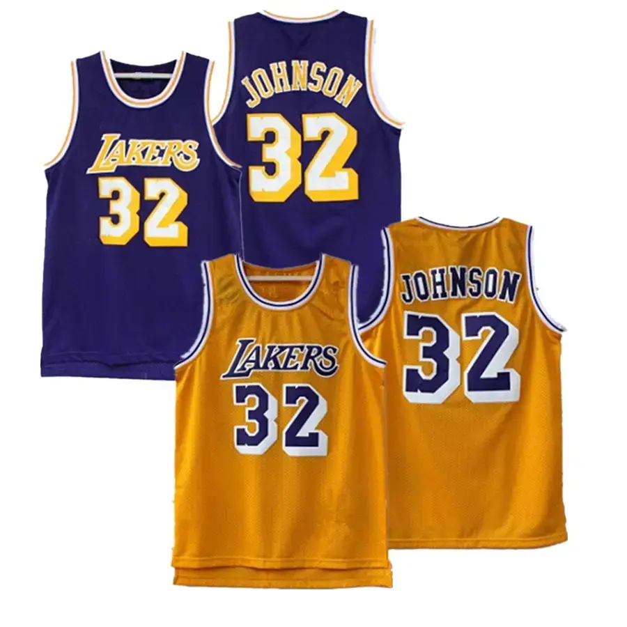 Camisa Magic Johnson de basquete dos EUA costurada retrô #32 clássica para Los Angeles - ouro roxo