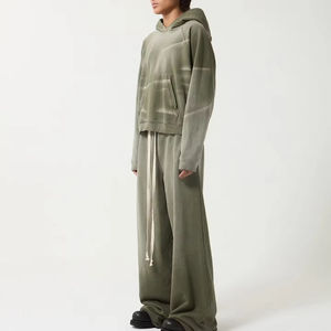 Chándal para hombre, pantalones de chándal acampanados con lavado ácido Vintage y conjuntos de Sudadera con capucha, ropa de calle bordada para hombre, chándal, traje recortado con diamantes de imitación - Product Image 2