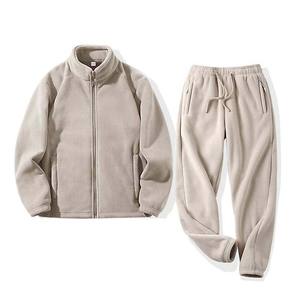 Conjunto de chaqueta de color sólido informal para hombre de invierno, chándal de método de tejido de punto con forro polar de 2 piezas para hombre - Product Image 1