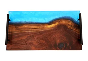 Plateau de service élégant en résine et bois, fonctionnel pour les collations, les repas, le service à tout moment, les boissons, le café, le thé, avec un charme rustique, prix de gros - Product Image 6