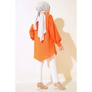 Chemise en lin de soie orange avec col montant brodé de perles à revers motif rayé taille XL vêtements longs pour la saison d'automne - Product Image 1