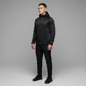 Veste softshell noire à capuche pour homme, fermeture éclair intégrale, veste coupe-vent décontractée pour sports de plein air, design à panneaux camouflage - Product Image 4