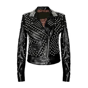 New Design Wholesale Genuine Leather Fashioned Steel-Studs Chains-Rivets Fashion Breathable Style Black Leather Denim <b>Jackets</b> - Product Image 6