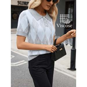 Women's Short Sleeve <b>Argyle</b> Knit for Polo <b>Sweater</b>-Anti-Pilling & Breathable Casual Sport Top - Product Image 1
