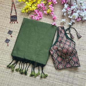 BLOUSEWALA HK9 KHADI ALGODÓN SAREE con AJRAKH BLUSA EN LÍNEA AL POR MAYOR - Product Image 1