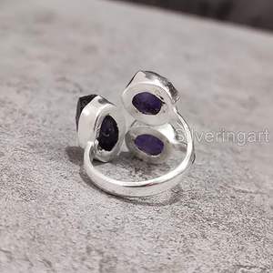 Anillo de Plata de Ley 925 con Amatista Natural, Piedra de Nacimiento de Febrero, Triple Piedra, Joyería Hecha a Mano para Mujer - Product Image 6