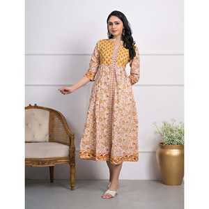 Vestido largo de algodón amarillo con estampado de bloques, estilo hippie elegante e informal para mujer, cintura imperio, transpirable, hasta el suelo. - Product Image 3