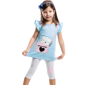 Denokids Casual Blue Kitty Bag Conjunto de túnica Manga corta con volantes Jersey de algodón Camiseta de dos piezas Leggings Primavera Verano Lavable - Product Image 1