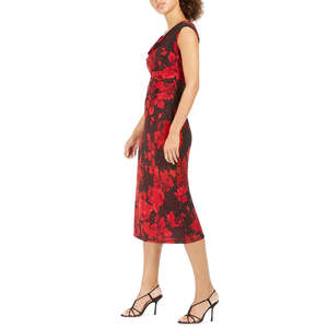 Abito da sera rosso in raso a trapezio da donna con scollo a cappuccio e spacco alto, stampa floreale, taglia 6 - per feste - Product Image 3