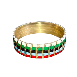Multi-Color Mosaic Enamel Inlay Brass Bangle, Geometric Pattern Rainbow <b>Stacking</b> <b>Bracelet</b>, High-End Handcrafted Metal Bangle - Product Image 3