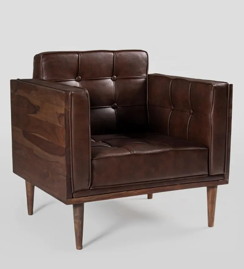 Silla de cuero puro y madera de diseño moderno, sofá de 1 asiento, caja de madera