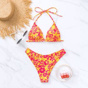 Conjunto de bikini de playa de 2 piezas al por mayor, marca personalizada, tejido estampado liso sexy, estilo triangular transpirable con corte de agujeros automatizado - Product Image 4