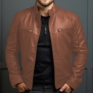 Nouvelle veste en cuir pour hommes col montant manteau de moto à manches longues Slim Vintage Blazer veste en polyuréthane pour hommes - Product Image 4