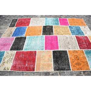 Tapis vintage, grand tapis turc de 5,6x7,7 pieds, tapis patchwork rayé rouge et orange - Product Image 4