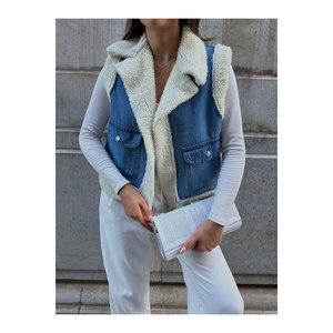 Gilet in Denim da donna con interno in pelliccia di orsacchiotto e gilet elegante tascabile - Product Image 1