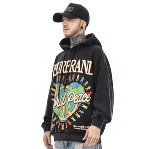 Vintage Oversized Acid Wash Black Pullover Hombres de peso pesado French Terry Hoodie Long Digital en relieve Heavy 100% Cotton - Product Image 2